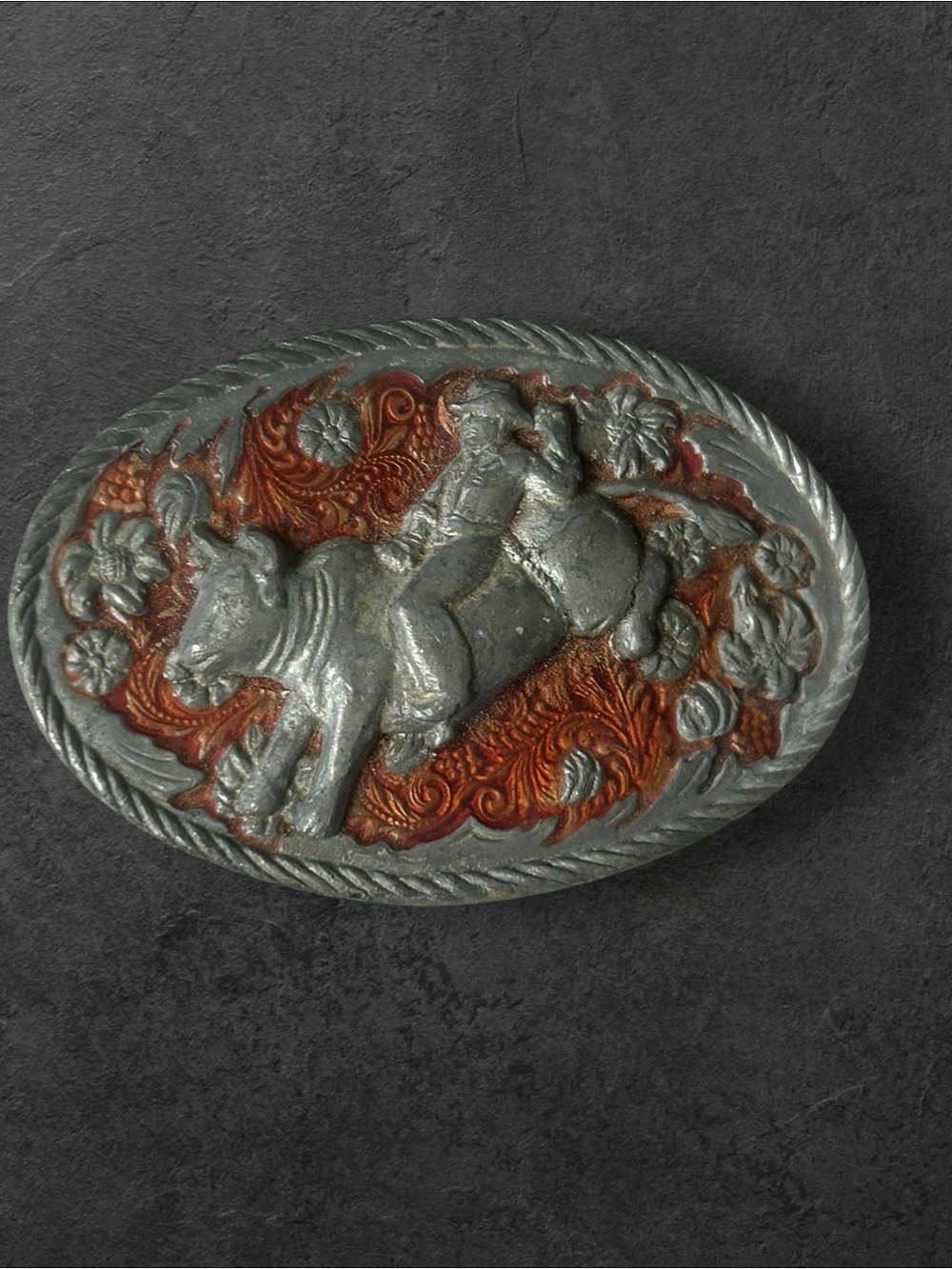 Vintage 1980 Siskiyou Pewter Bull Rider Belt Buckle Red Enamel USA #1812